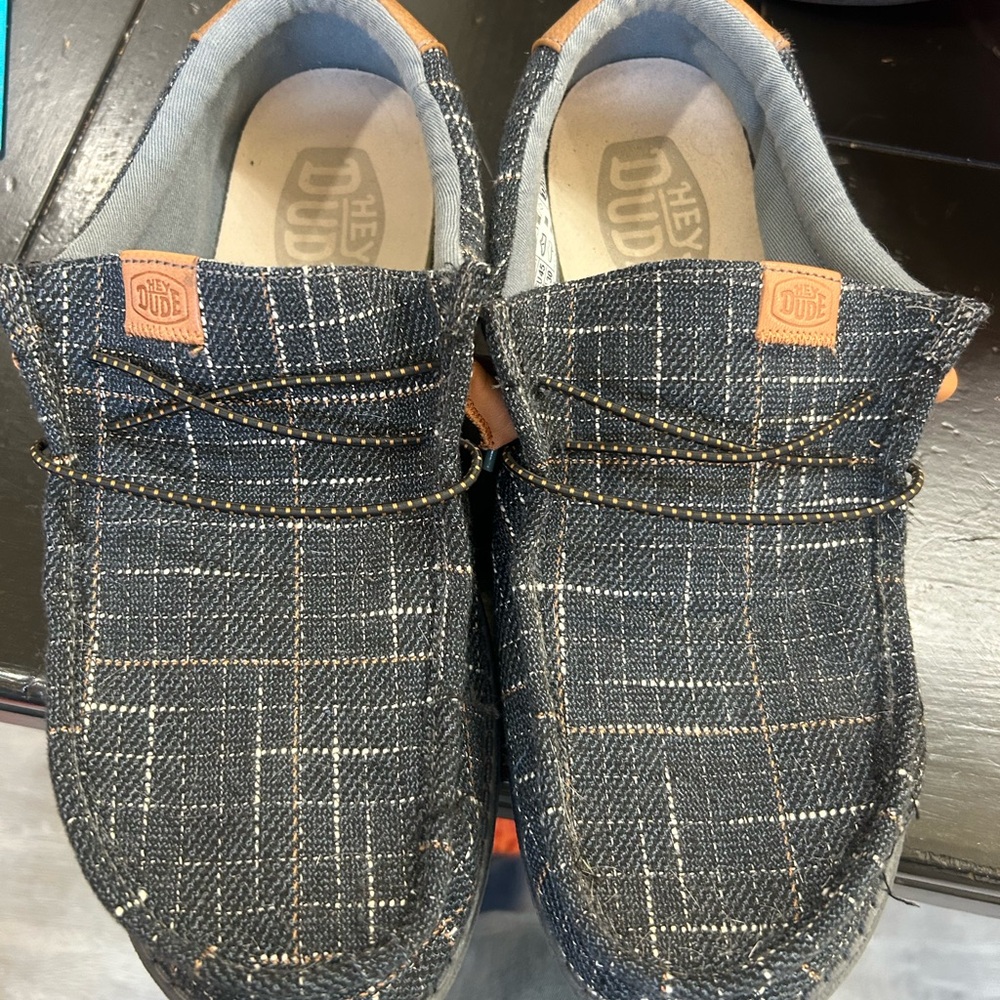 Hey Dude Men's Dark Gray Plaid Loafers size 11 US soles shown
